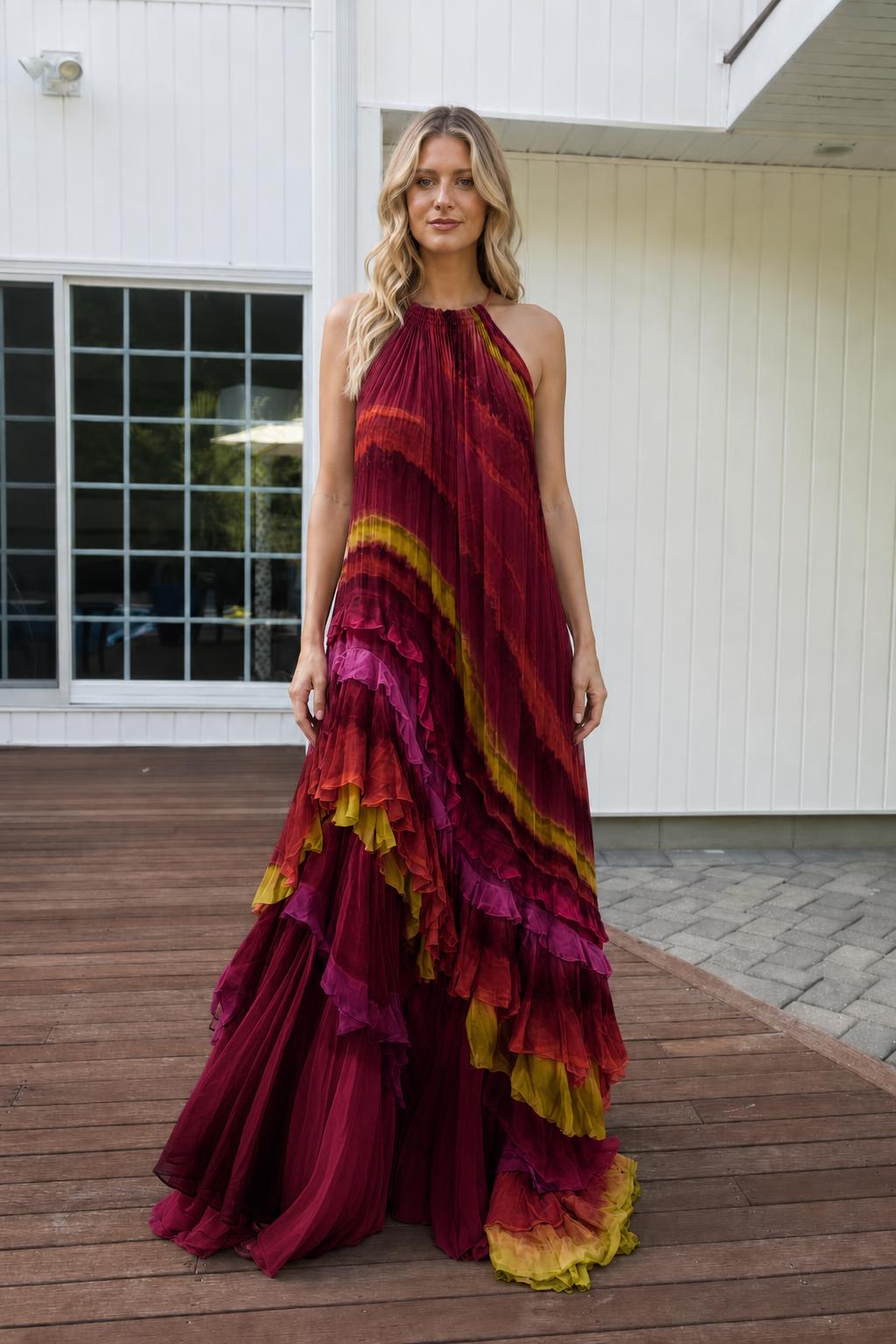 Model wearing rich burgundy base multi-color ombre maxi dress