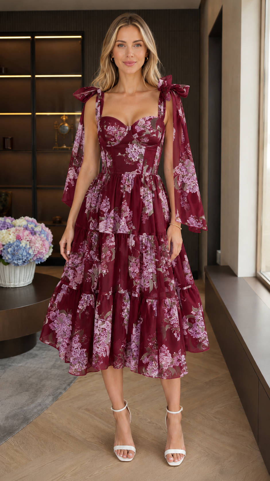 Front view of burgundy floral tie-shoulder sweetheart midi dress