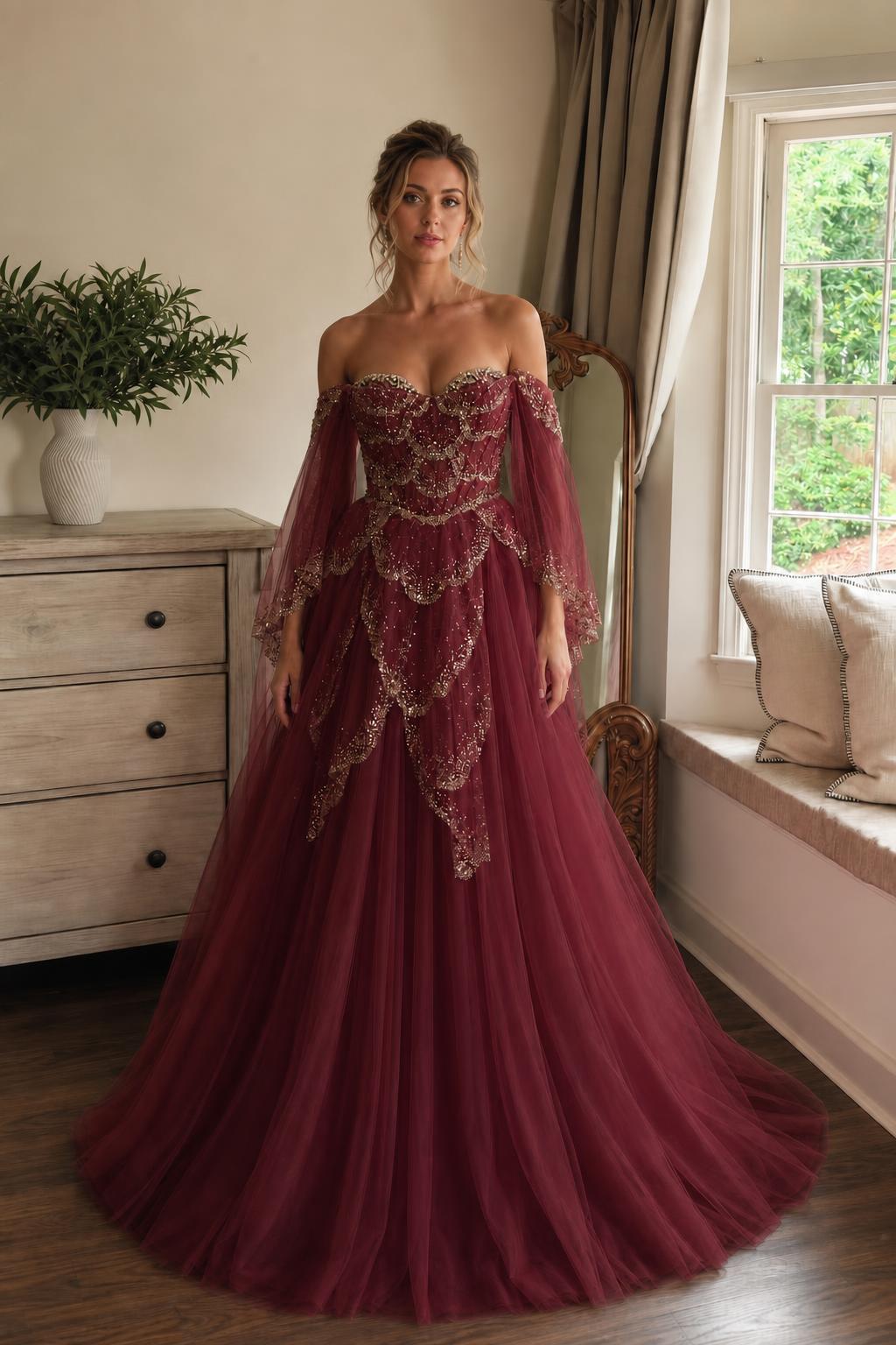 Burgundy variant of the off-the-shoulder tulle ball gown