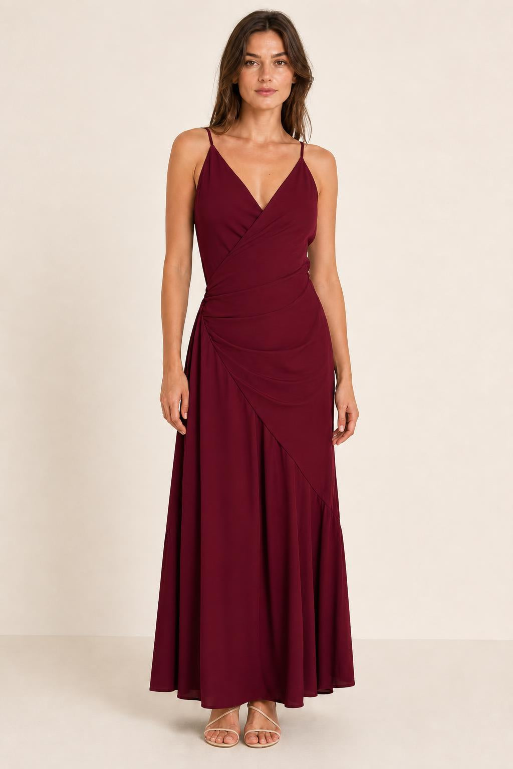 Womens burgundy solid V-neck maxi dress