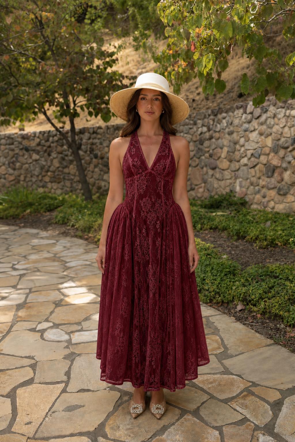 Front view of Burgundy Halter Lace Maxi Dress