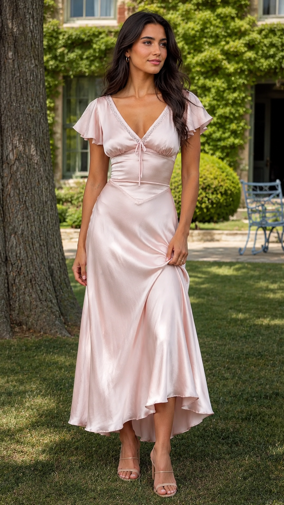 Blush pink satin-style midi dress with flutter sleeves full-length front view