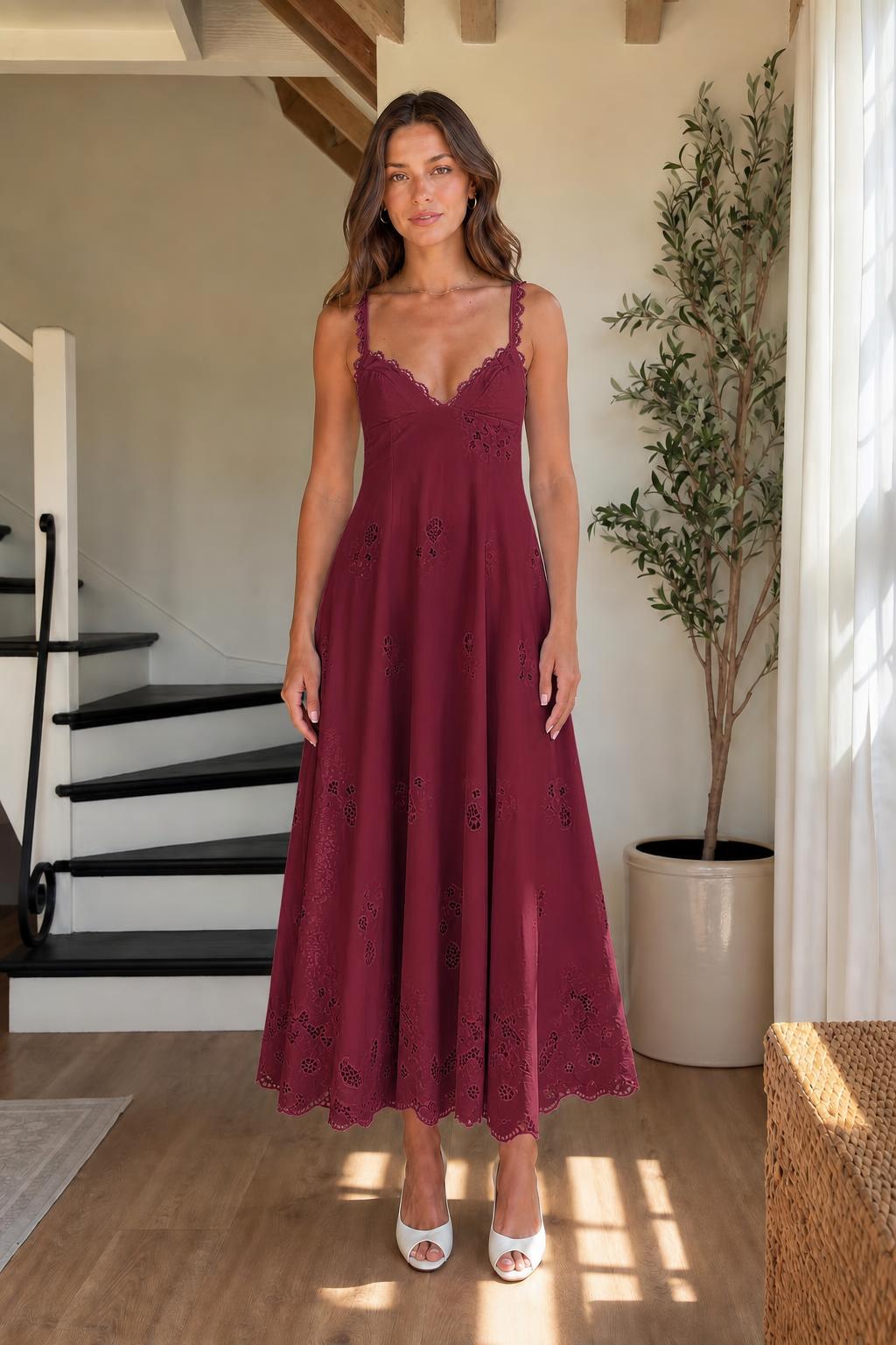 Elegance Embroidered Eyelet Midi Dress in Burgundy