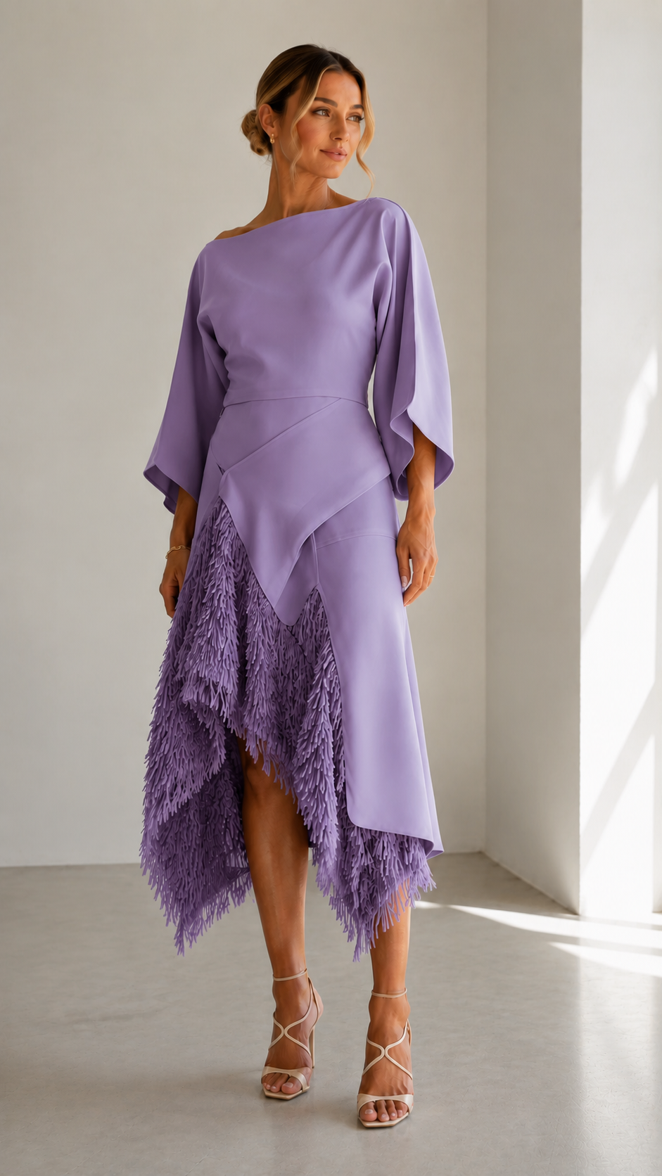 Lavender midi dress with asymmetric overlay and textured fringe panel