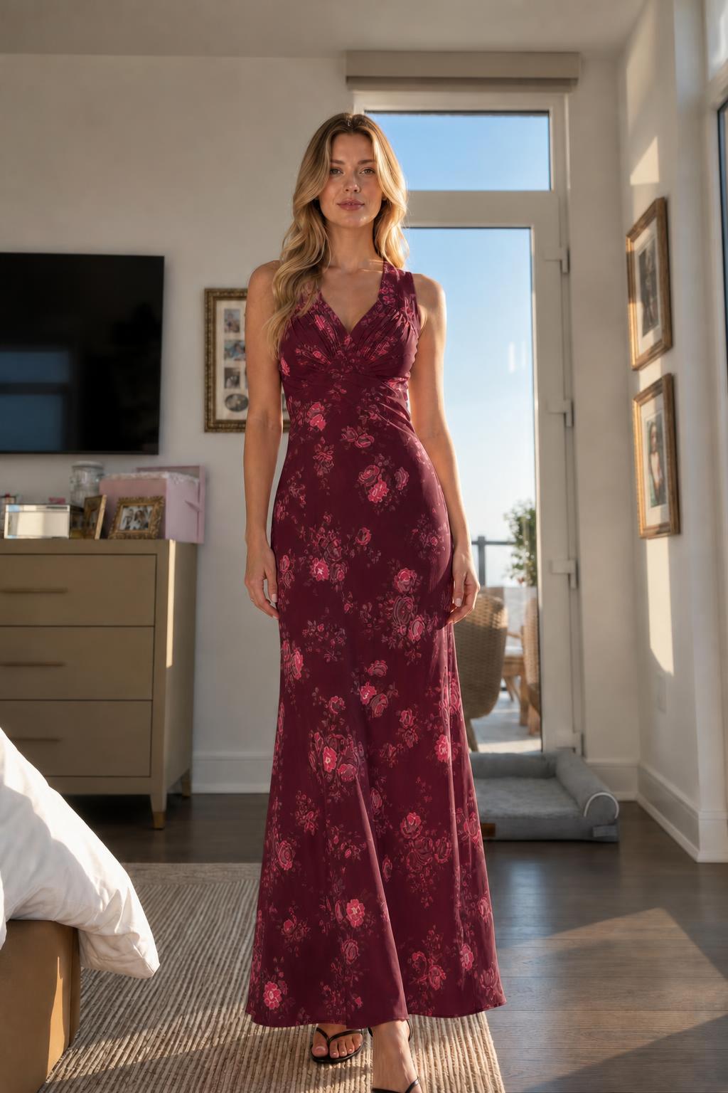 Front view of model wearing burgundy floral V-neck maxi dress