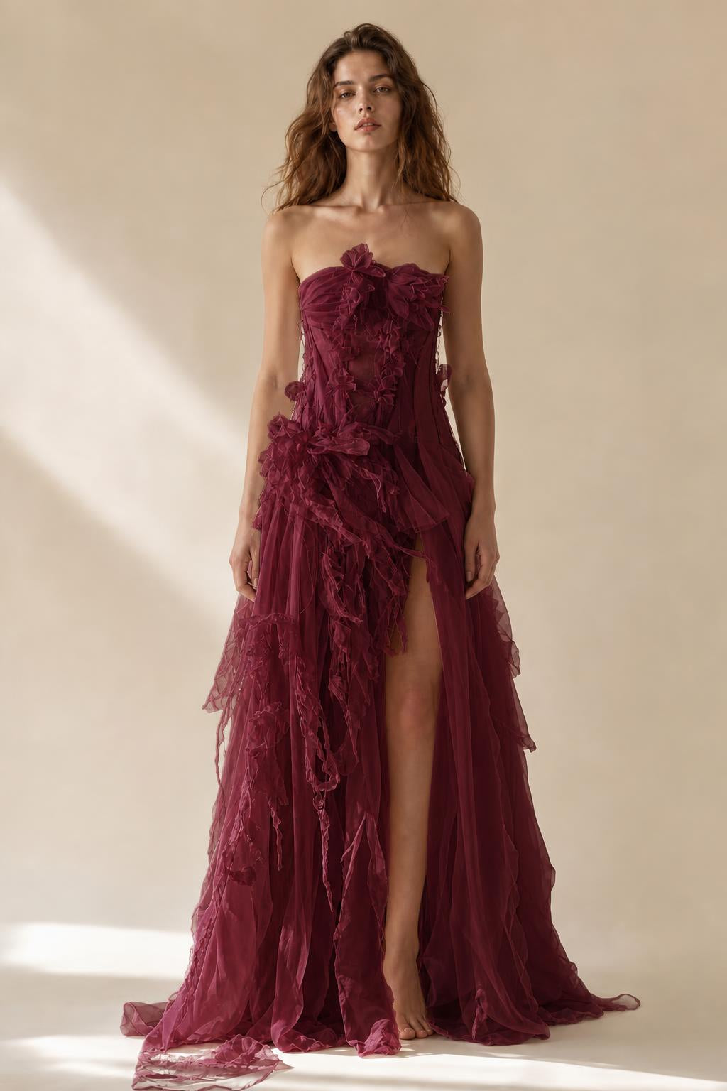 Burgundy variant of the strapless ruffled tulle evening gown