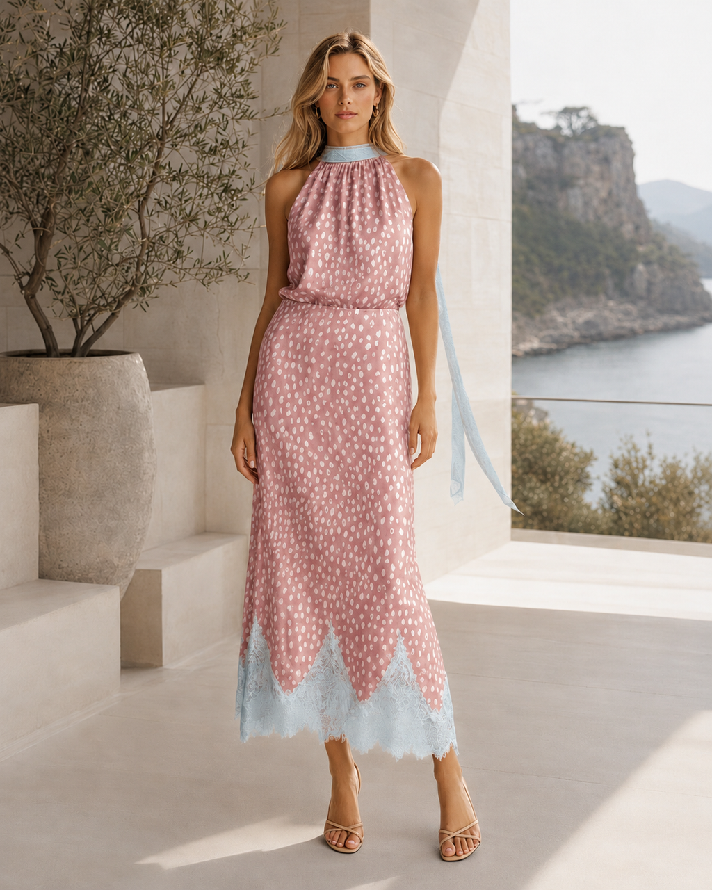 Front view of blush pink printed halter midi dress with powder blue scalloped hem