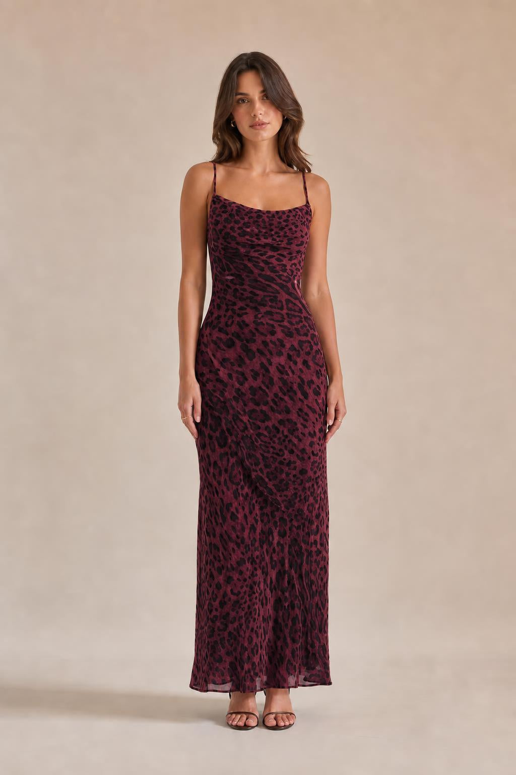 Front view of burgundy leopard print maxi slip dress variant
