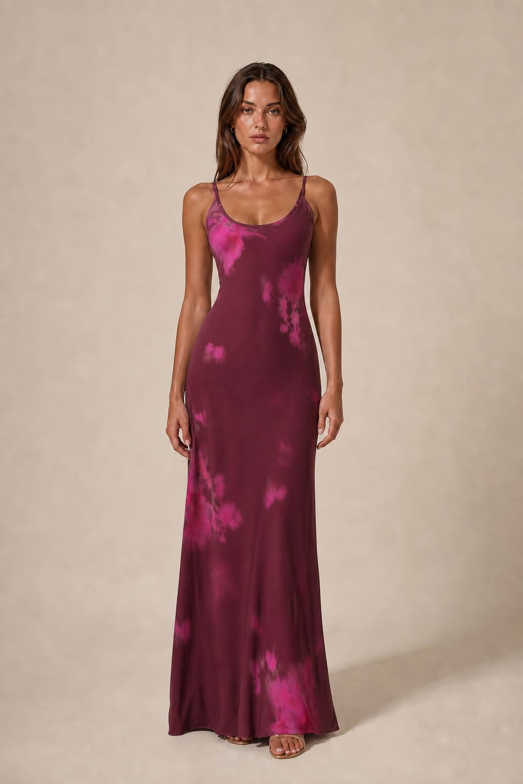 Model wearing burgundy tie-dye cami slip maxi dress