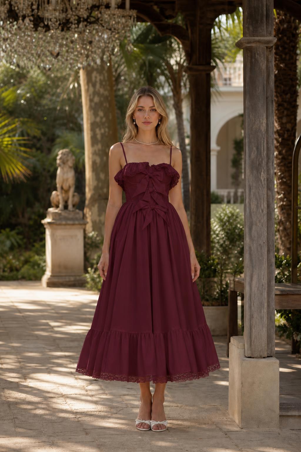 Front view of woman wearing burgundy bow accent midi dress