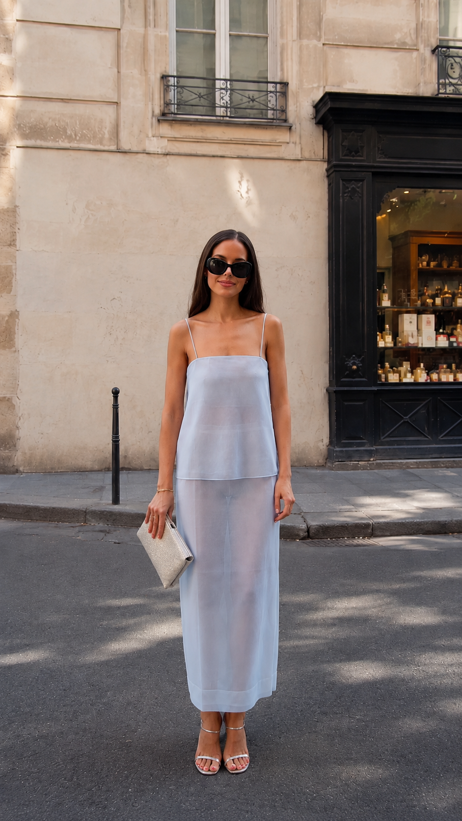 Front view of powder blue sheer layered cami maxi dress set