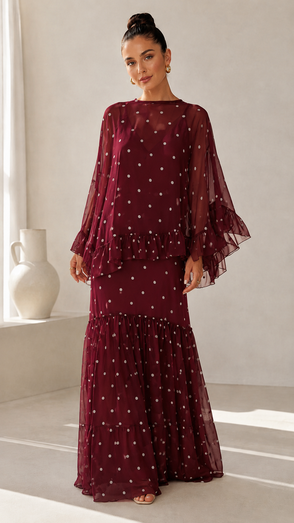 Burgundy polka dot maxi dress with sheer overlay and tiered hem