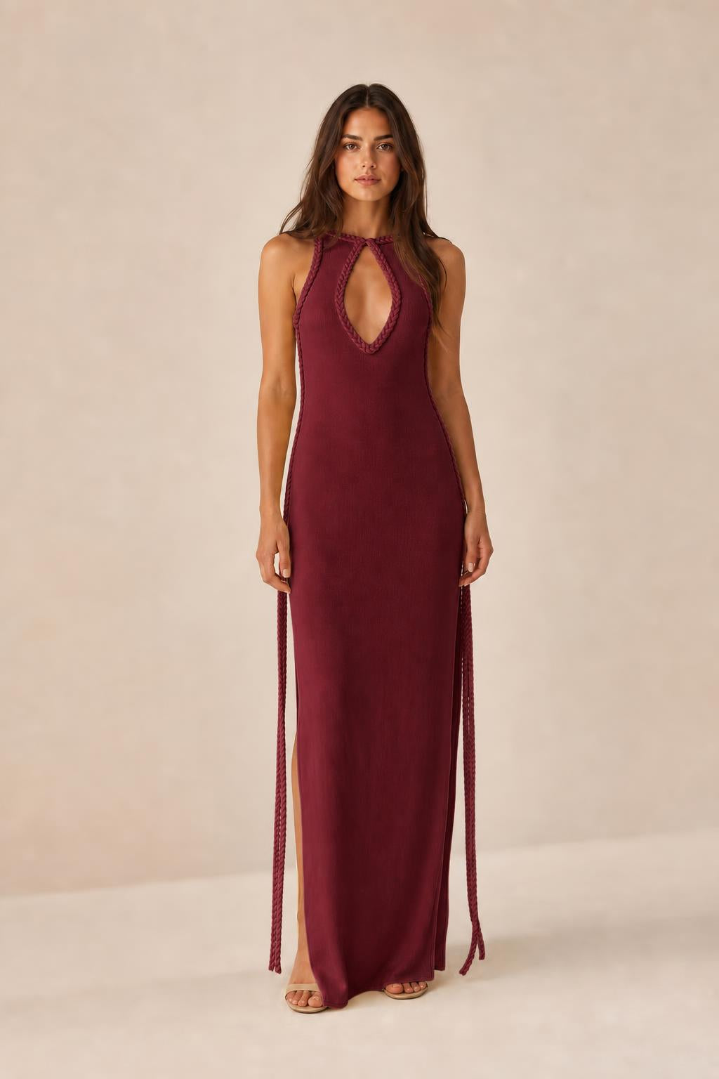 Front view of burgundy color variant maxi dress