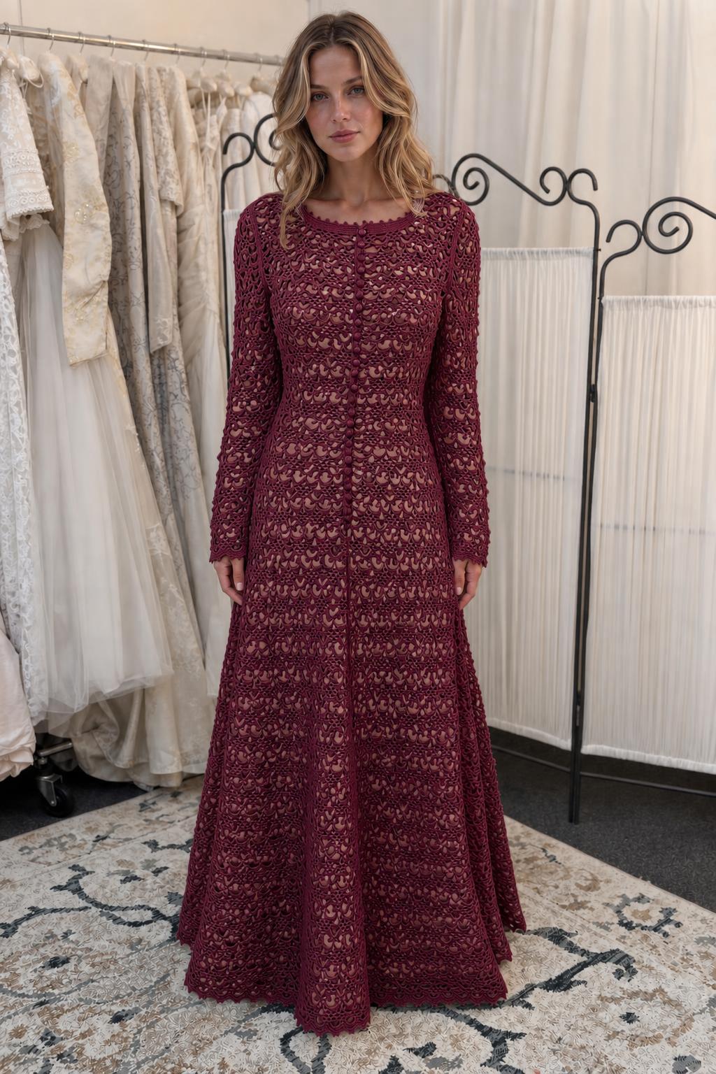 Woman wearing burgundy long-sleeve crochet lace maxi dress