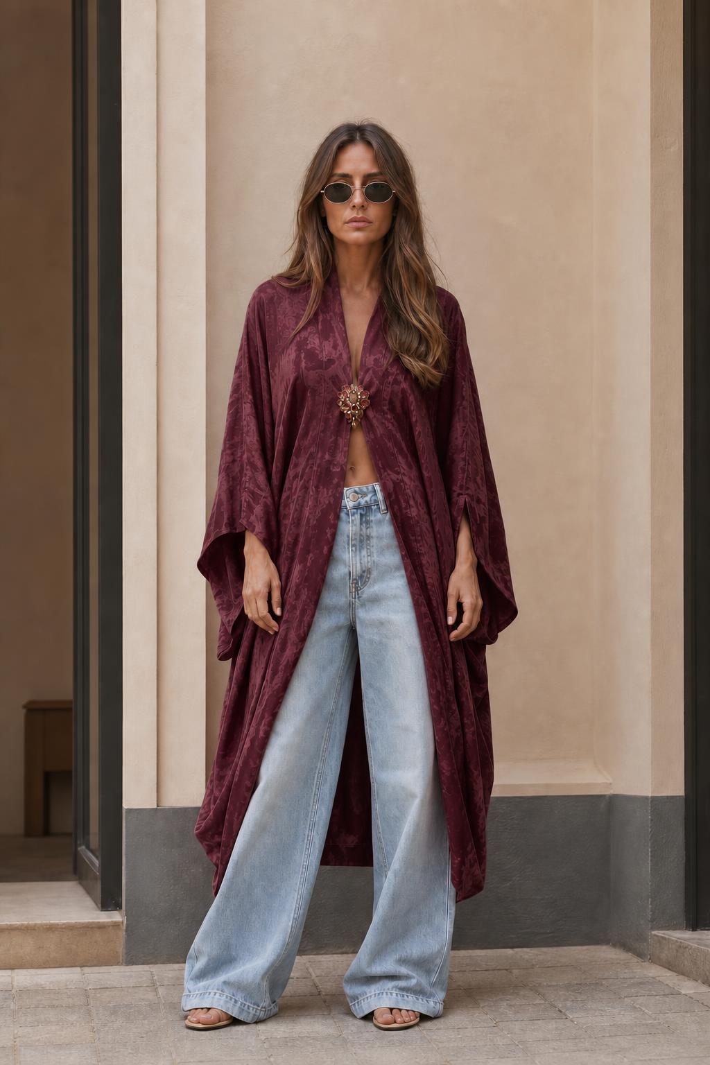 Model wearing burgundy long kimono cardigan