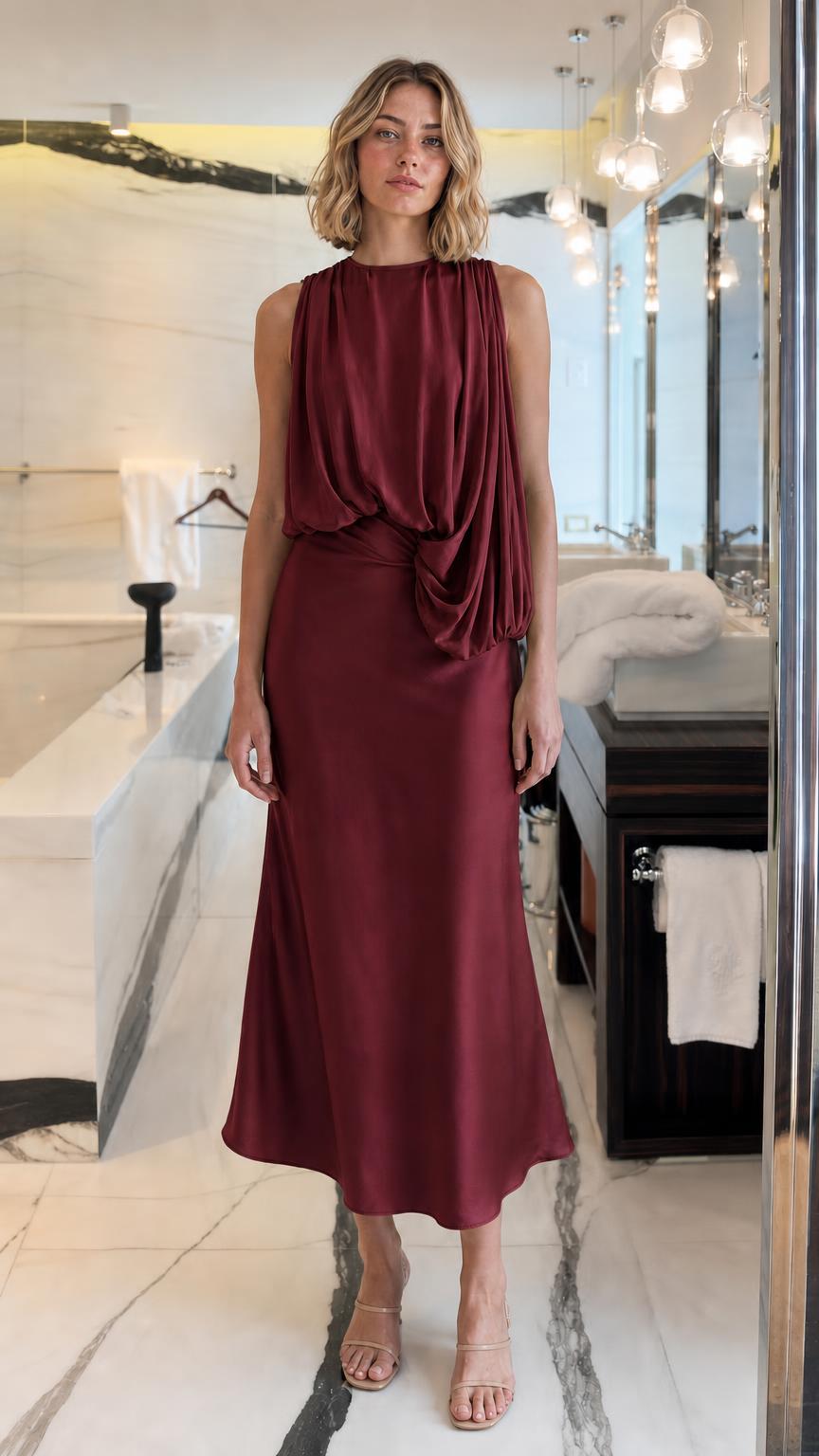 Front view of woman wearing Burgundy draped midi dress