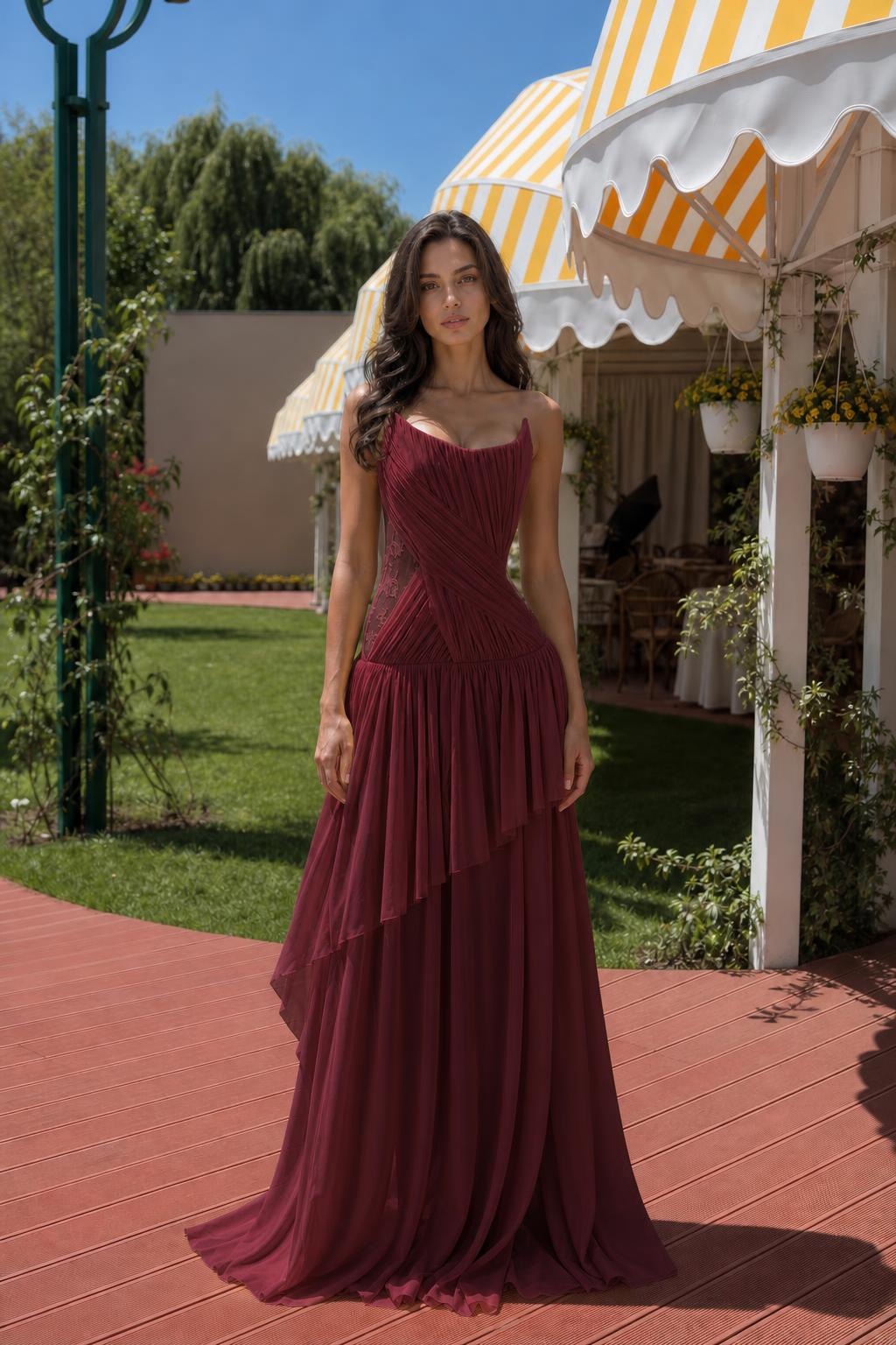 Front view of burgundy evening dress