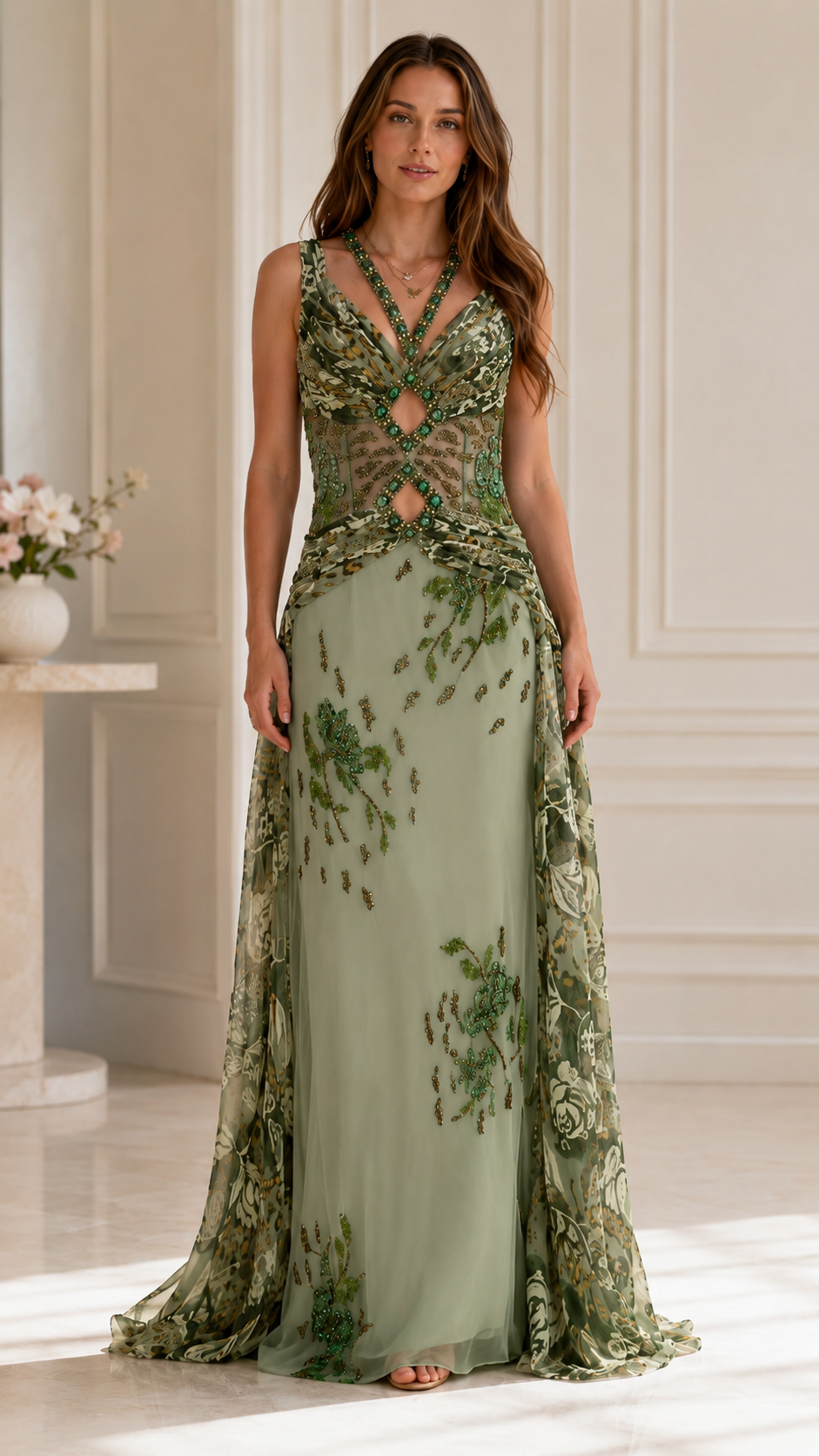 Front view of sage green embellished evening gown with sheer mesh bodice and overlay panels
