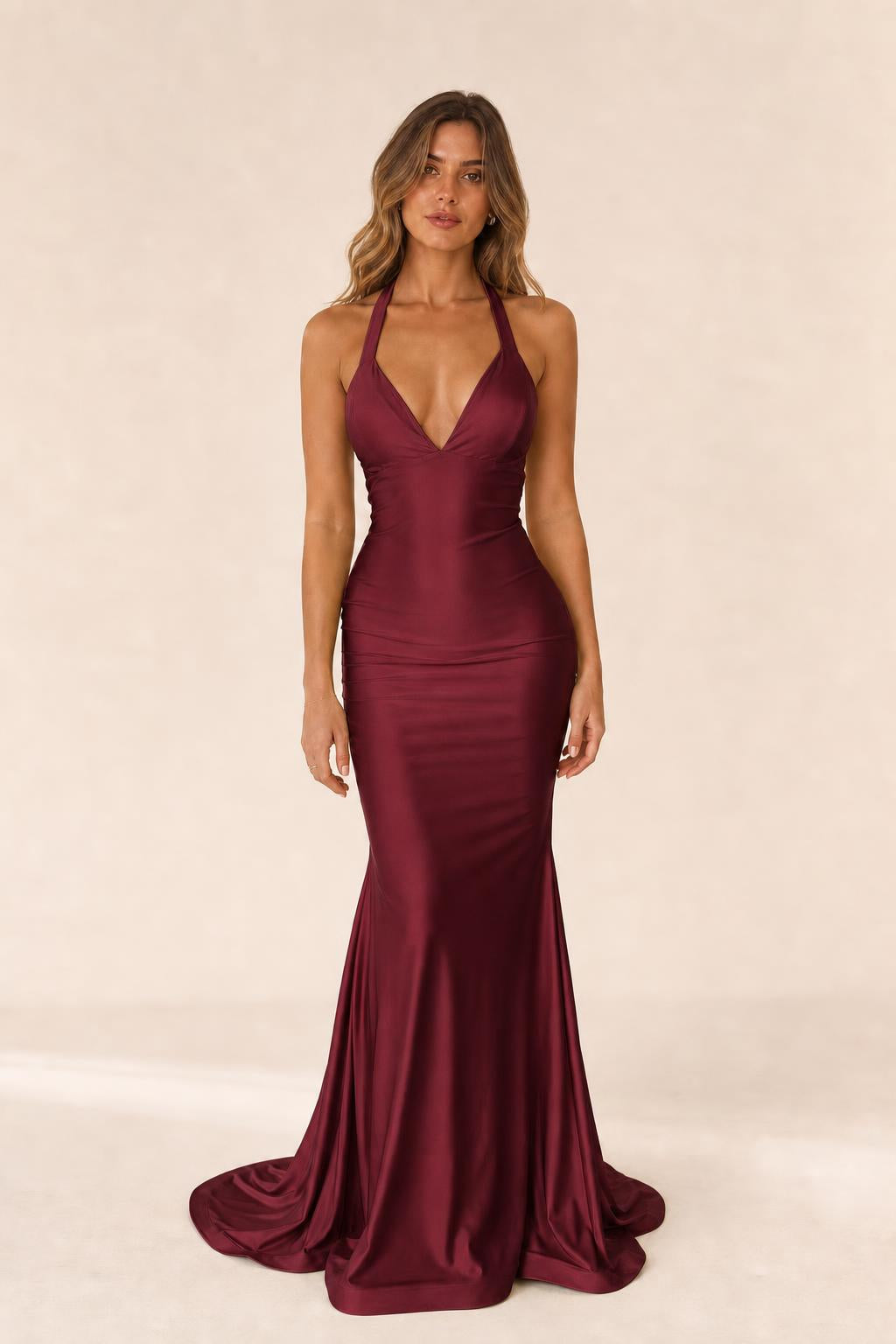 Front view of burgundy halter maxi dress