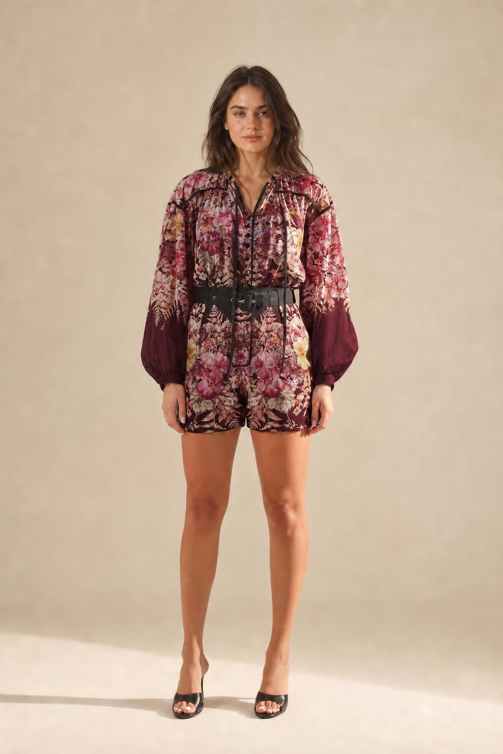 Burgundy floral romper variant front view