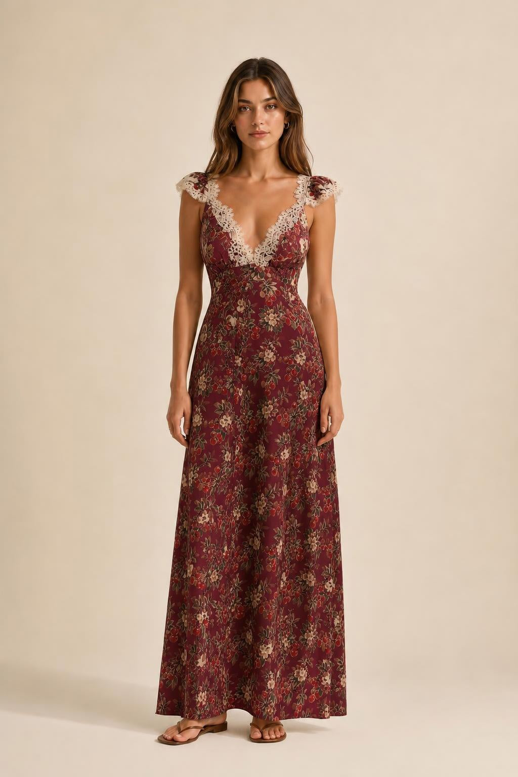 Front view of burgundy floral print maxi dress