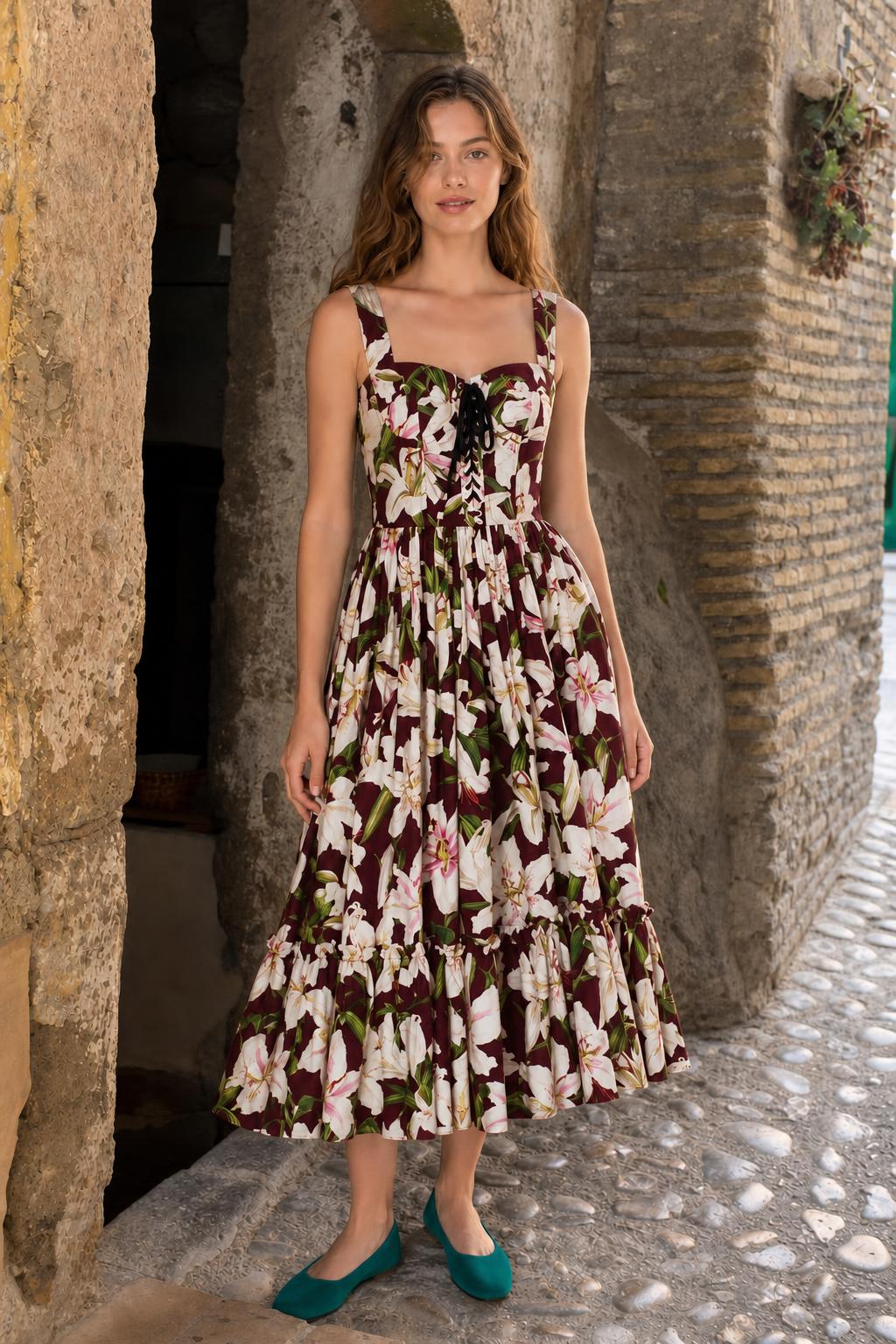 Front full view of burgundy floral midi dress