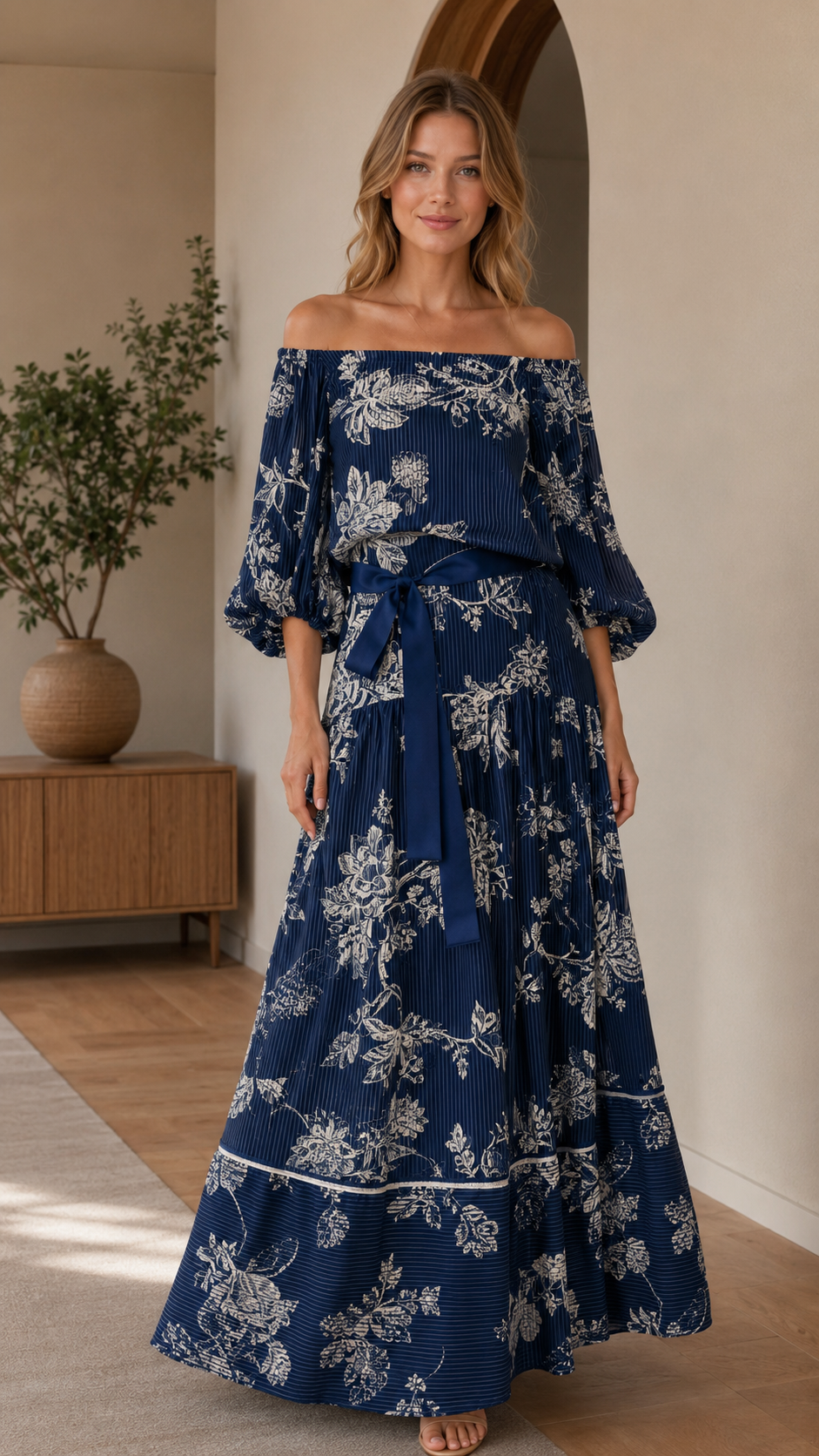 Navy off-shoulder floral maxi dress with tie waist and puff sleeves