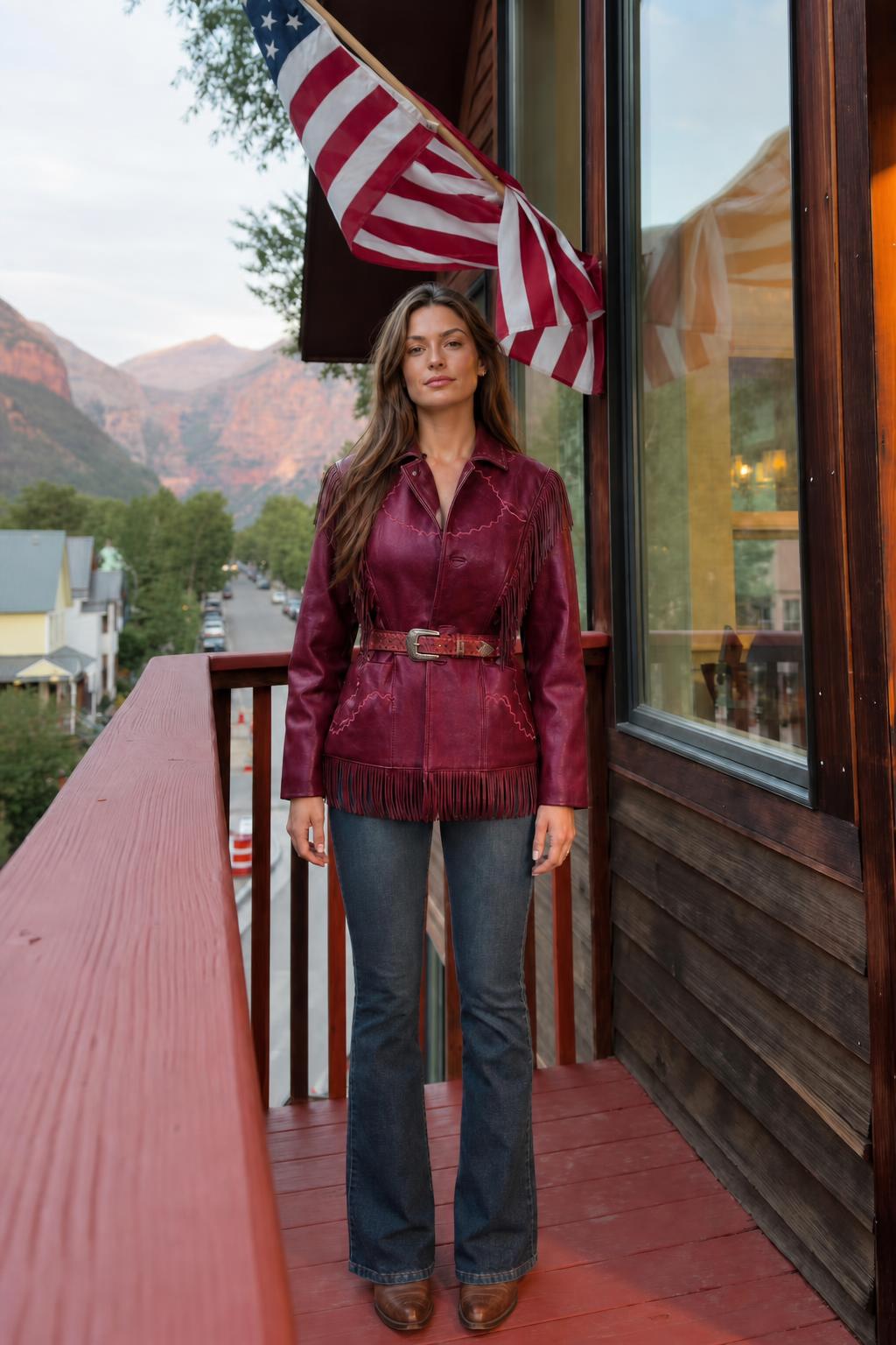 Front view of woman wearing burgundy western fringe jacket