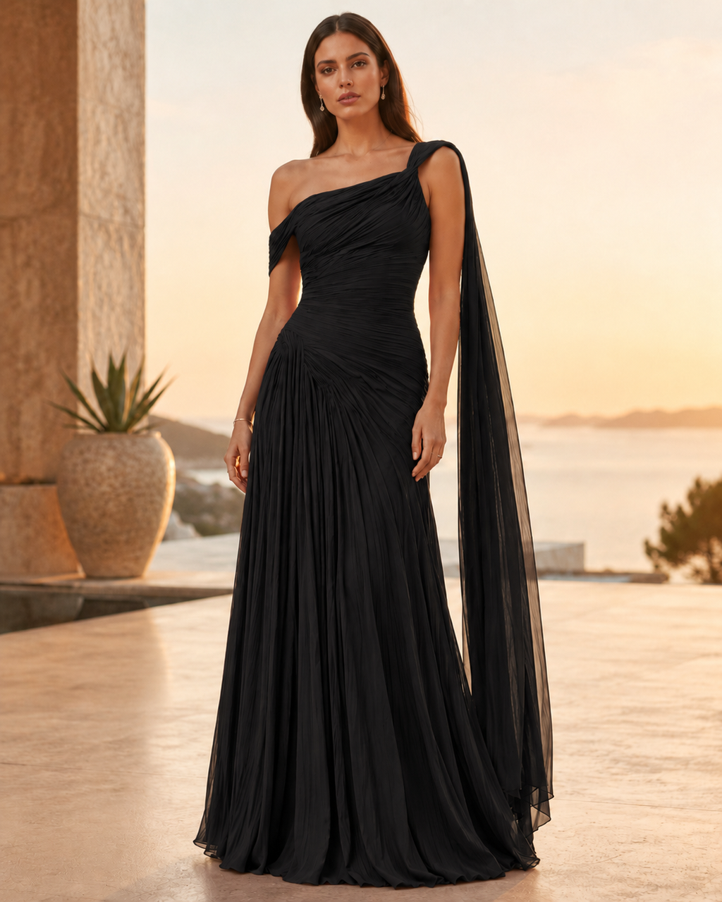 Black one-shoulder pleated evening gown with fitted waist and floor-length skirt
