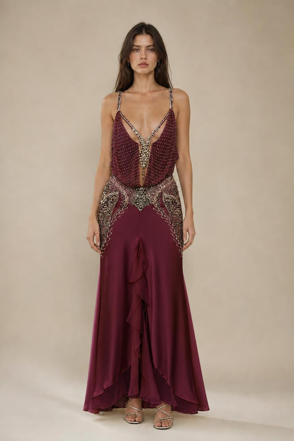 Front view of burgundy embellished maxi dress variant