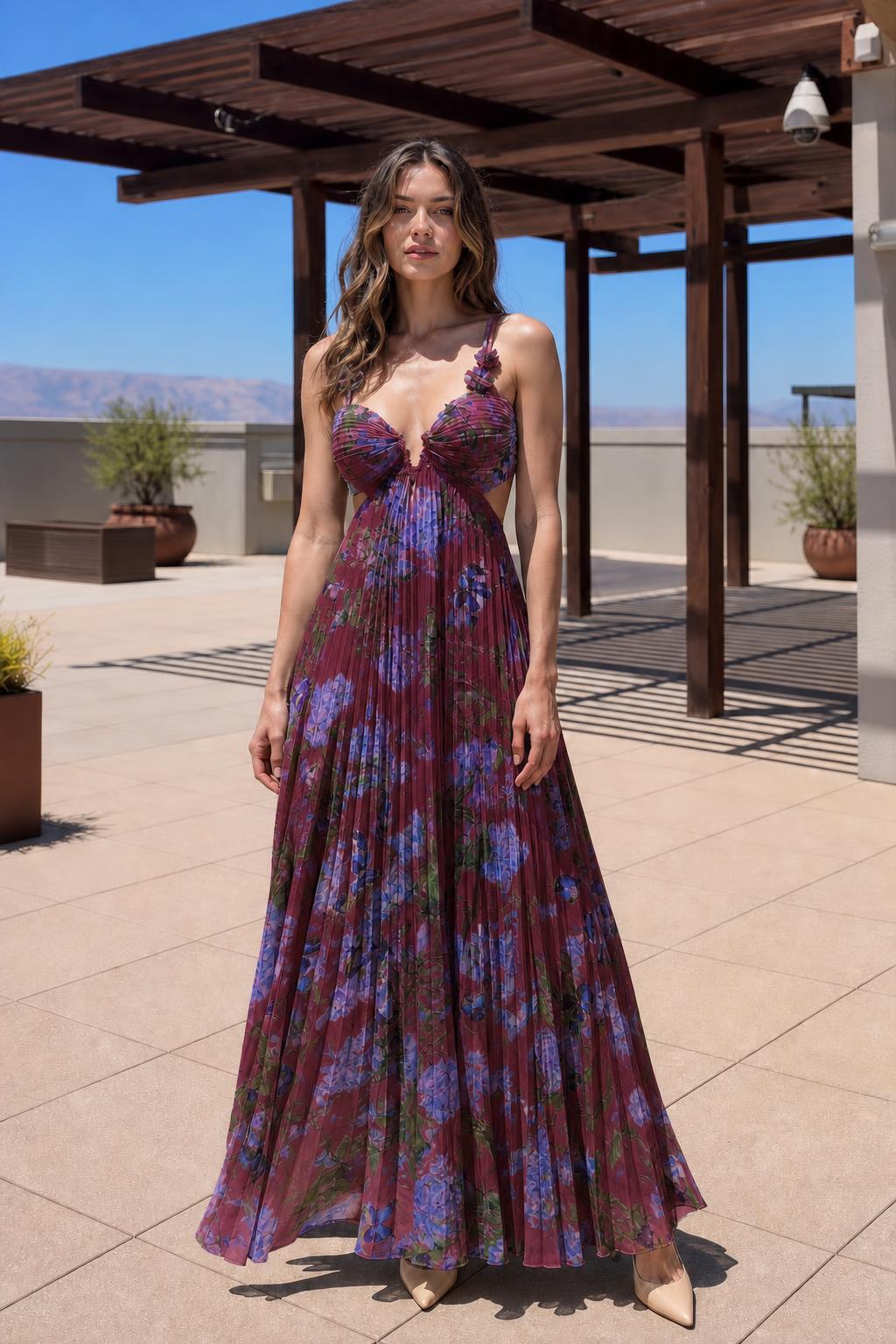 Front view of model wearing Burgundy Floral pleated maxi dress