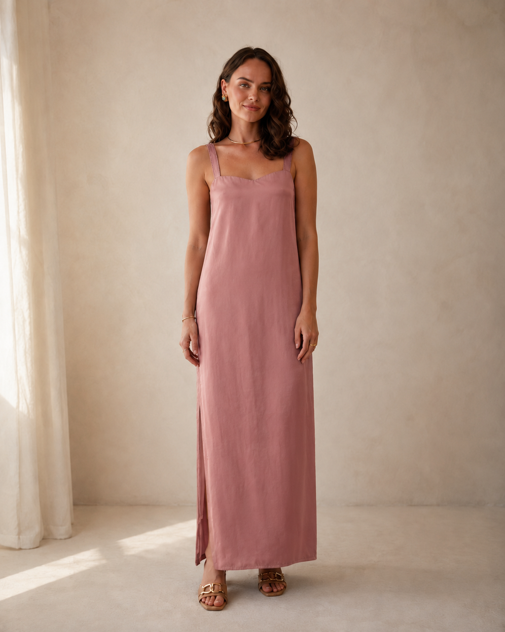 Front view of dusty rose sleeveless square neck maxi slip dress