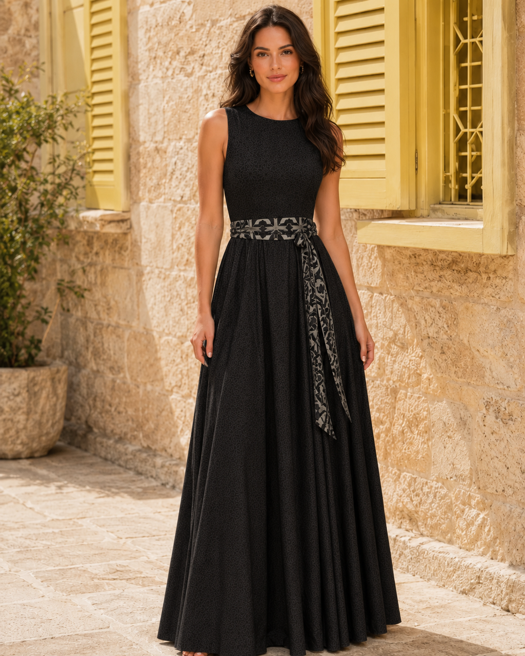 Front view of black sleeveless maxi dress with patterned waist tie