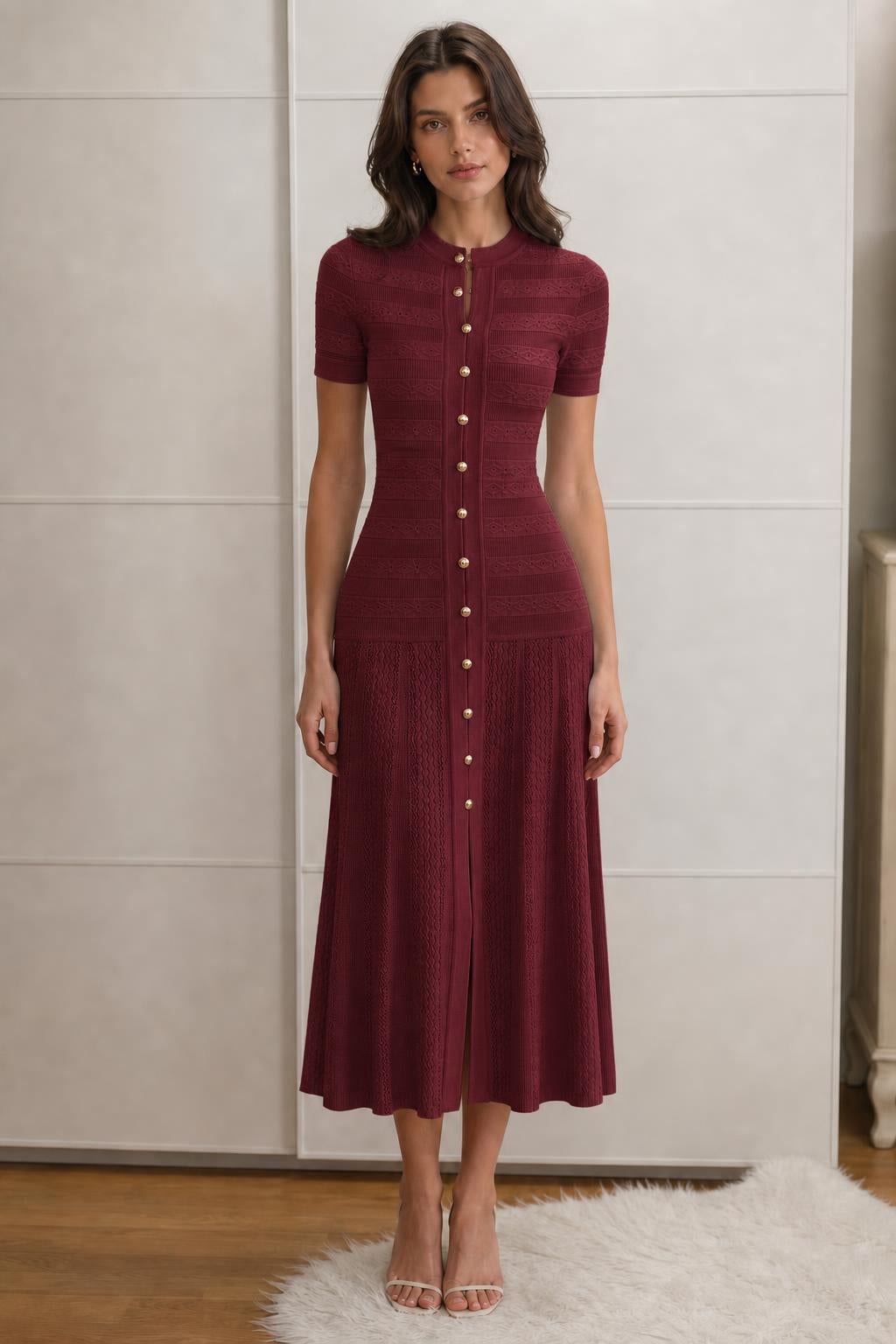Front view of burgundy knit midi dress on model