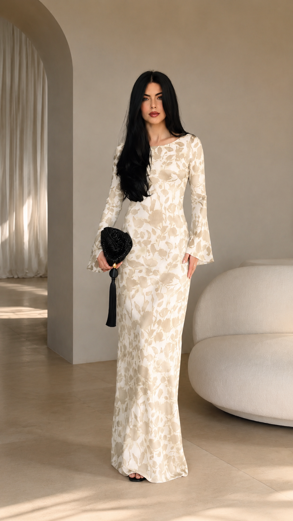 Front view of ivory floral jacquard bell sleeve maxi dress