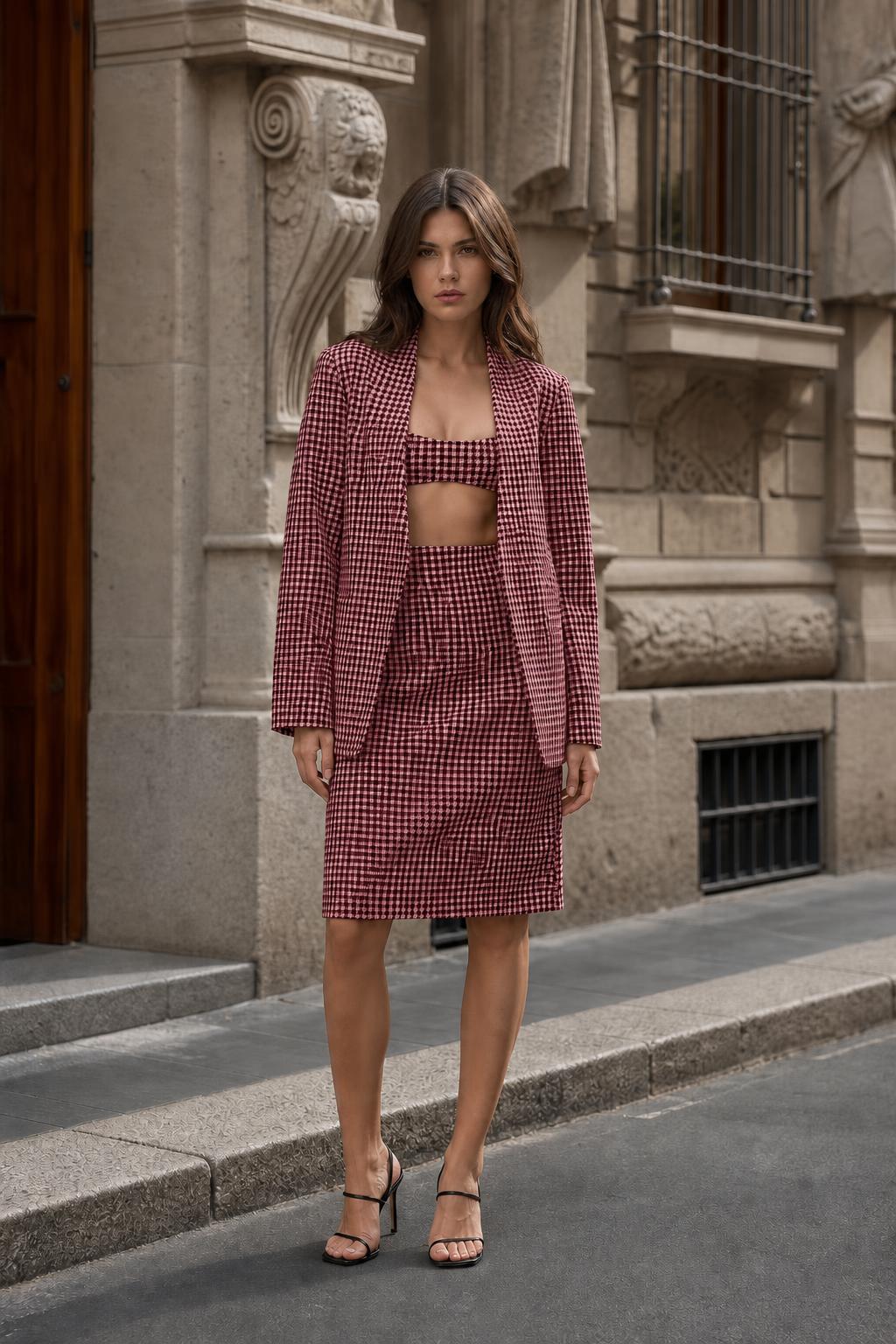 Model wearing burgundy houndstooth 3-piece matching set