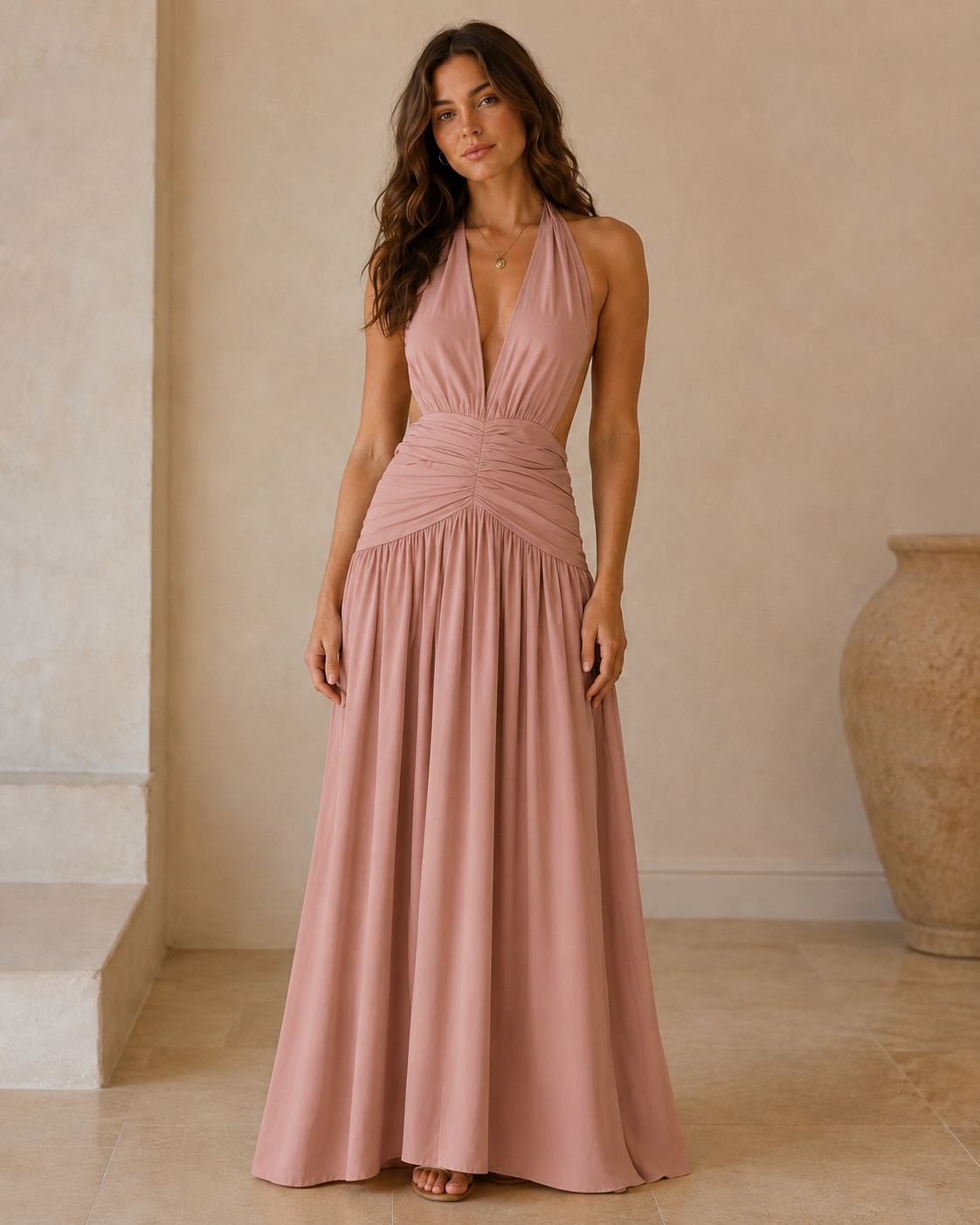 Blush pink halter plunge maxi dress with ruched waist front view