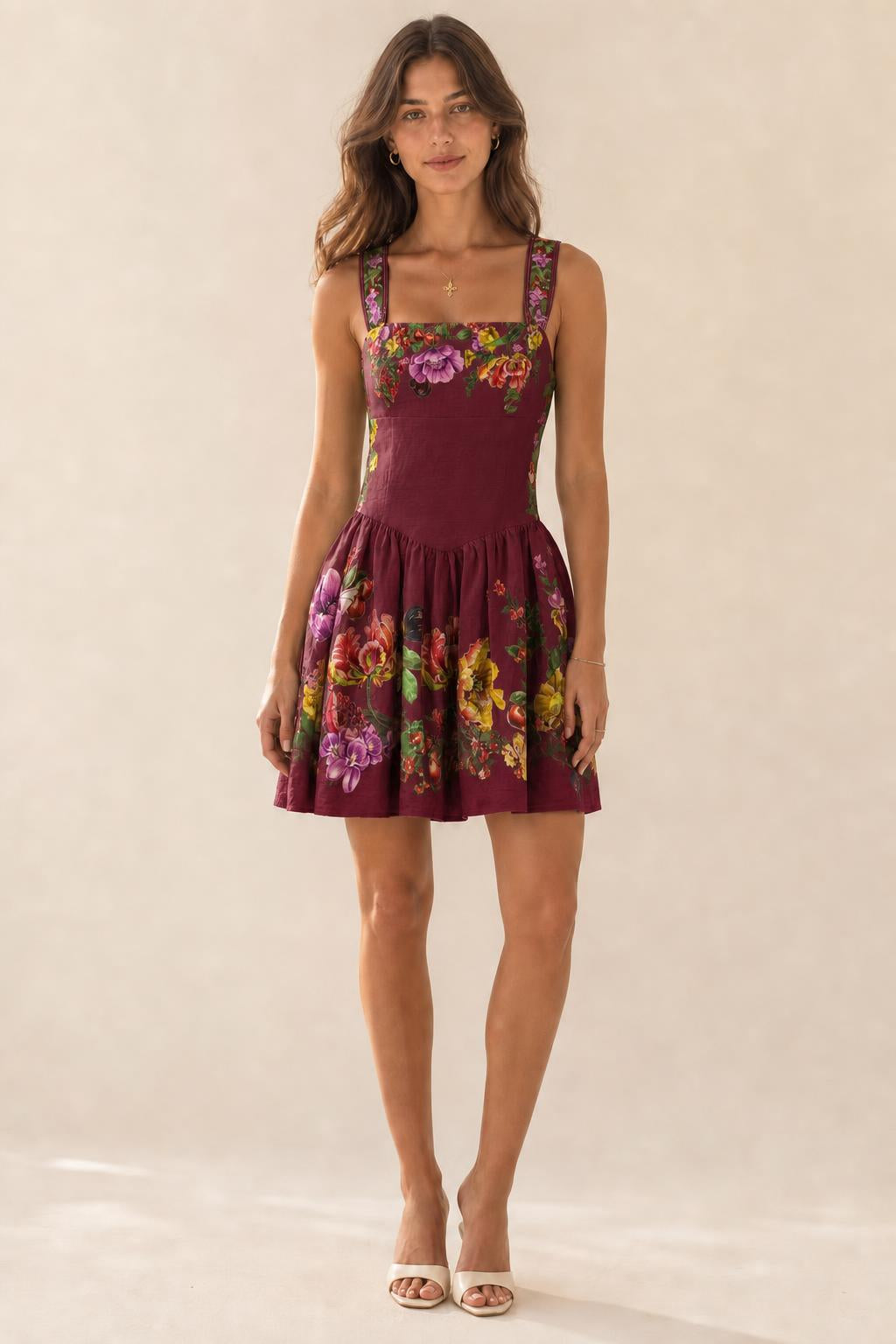 Front view of burgundy botanical print mini dress variant