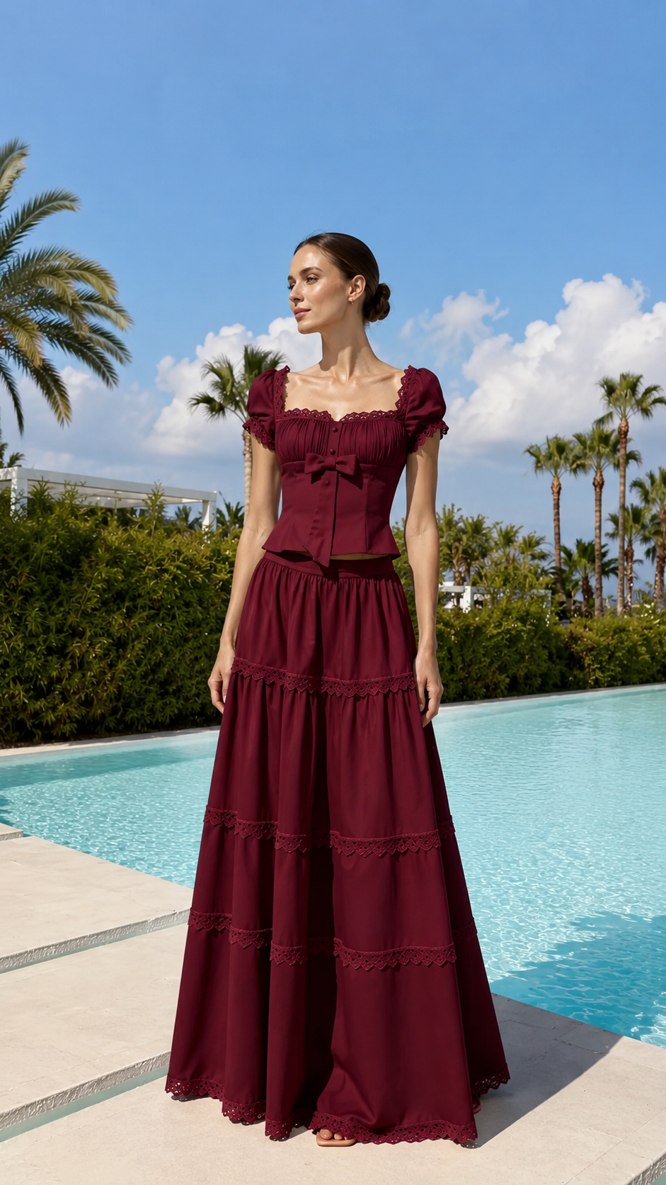 Front view of burgundy bow-front maxi dress with square neckline and flowing skirt