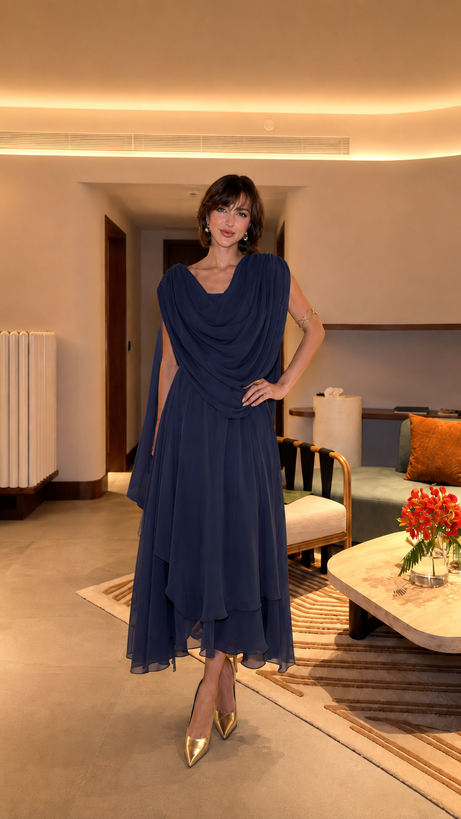 Front view of navy draped midi evening dress with fluid silhouette