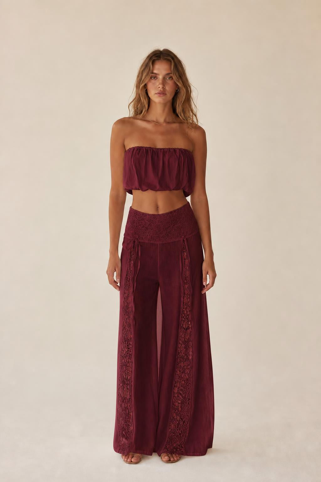 Front view of the burgundy color variant two-piece set