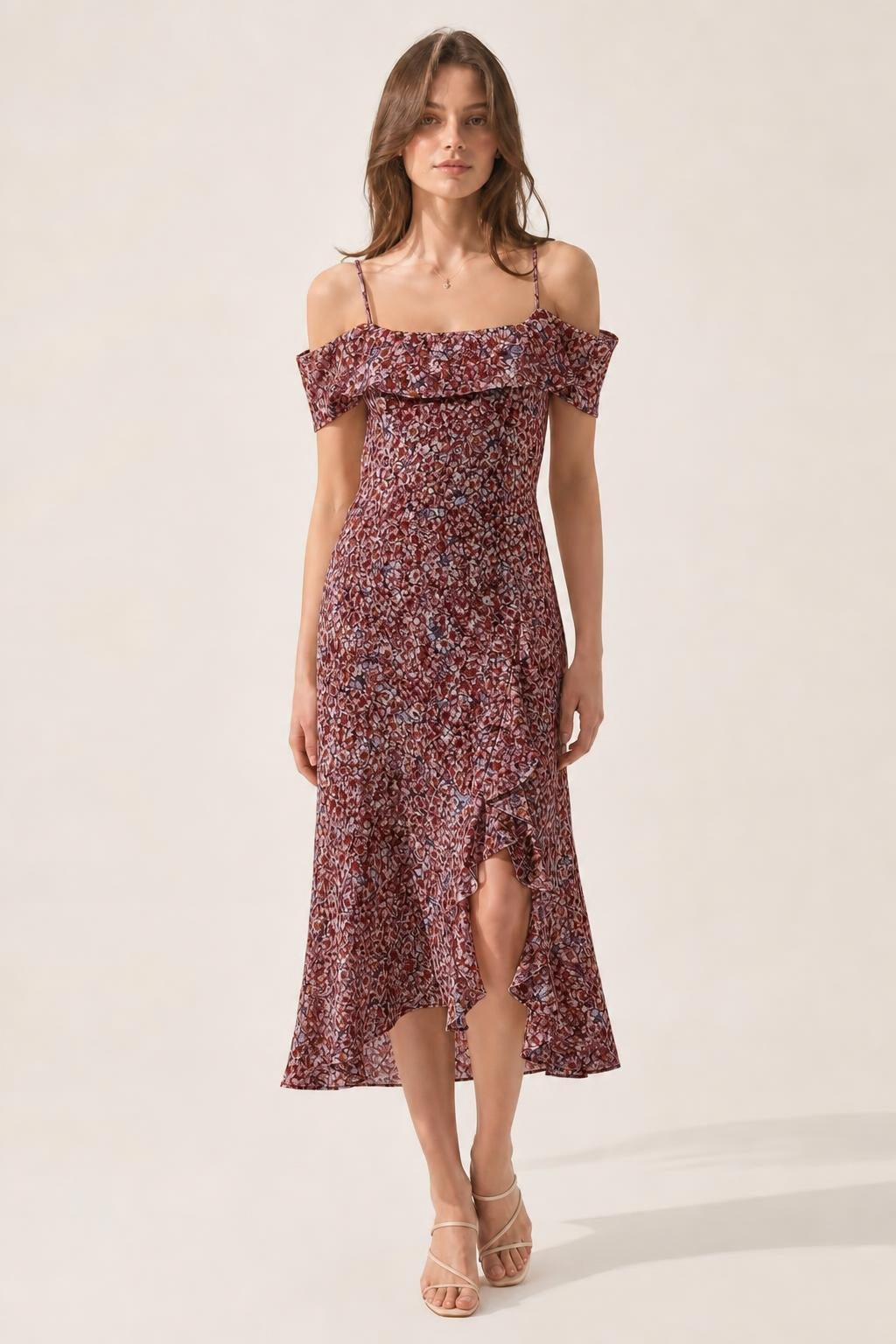 Front view of burgundy floral off-shoulder midi dress