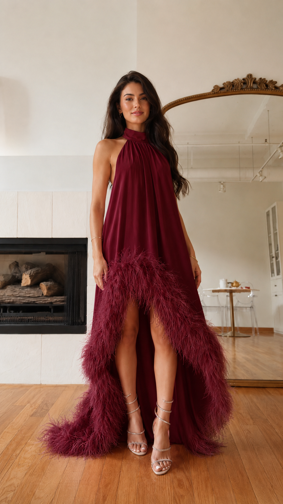 Burgundy halter high-low maxi dress with feather trim front view