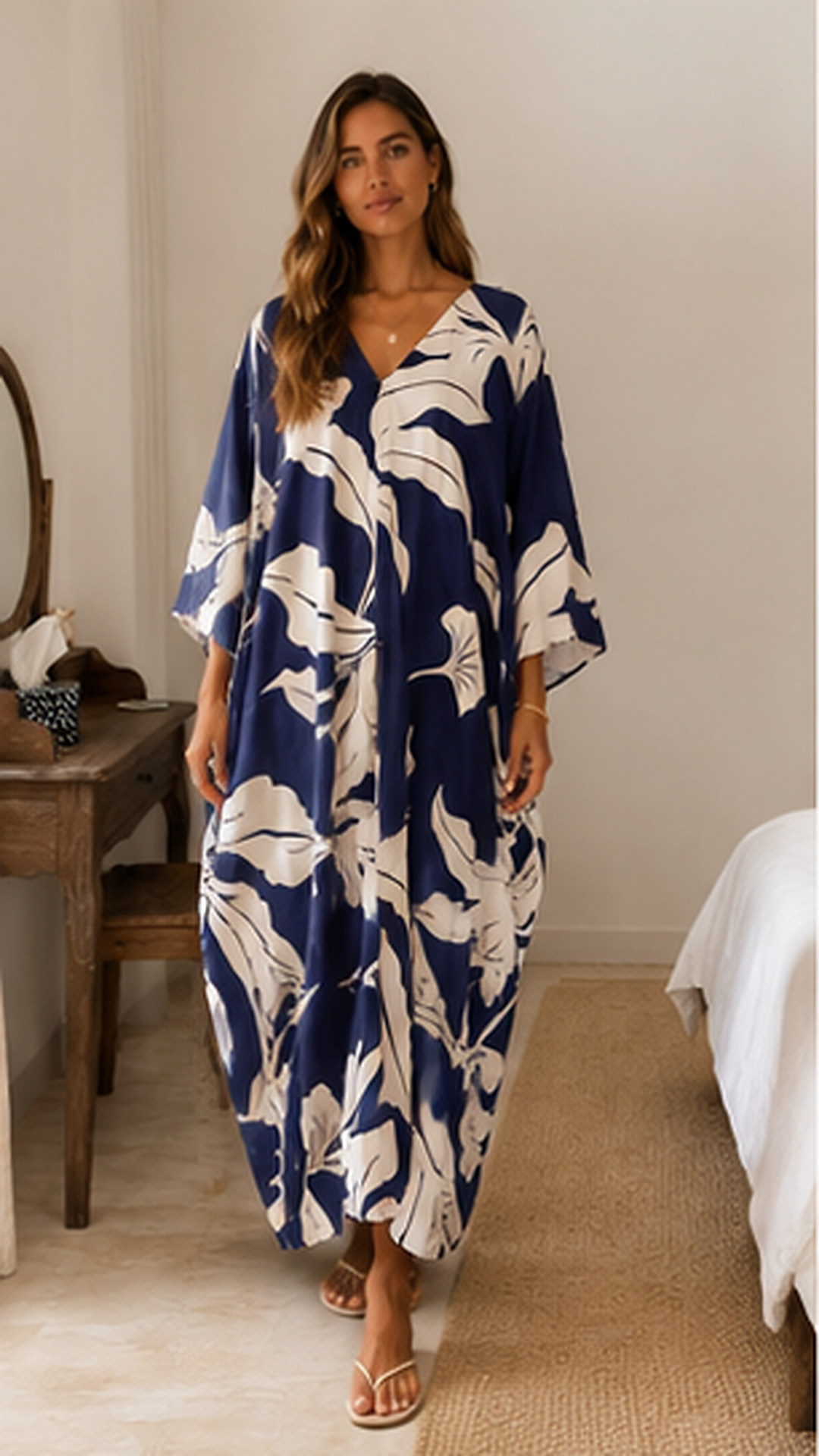 Front view of navy blue tropical print V-neck caftan maxi dress