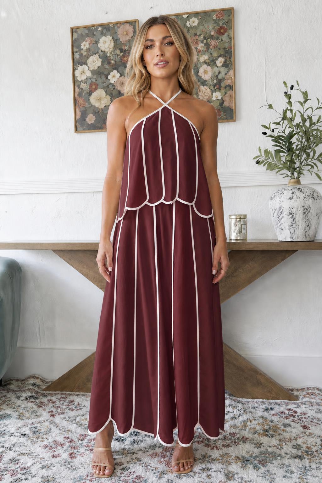 Model wearing solid burgundy variant with white scalloped trim