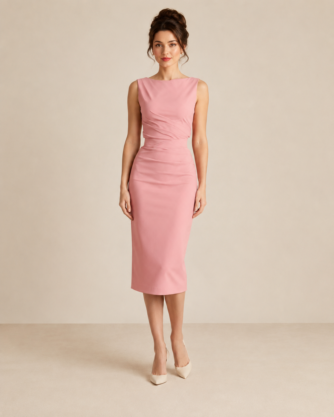 Front view of blush pink sleeveless ruched waist midi sheath dress