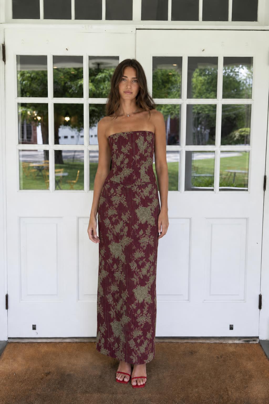 Floral Print Strapless Lace-Up Back Maxi Dress in Burgundy
