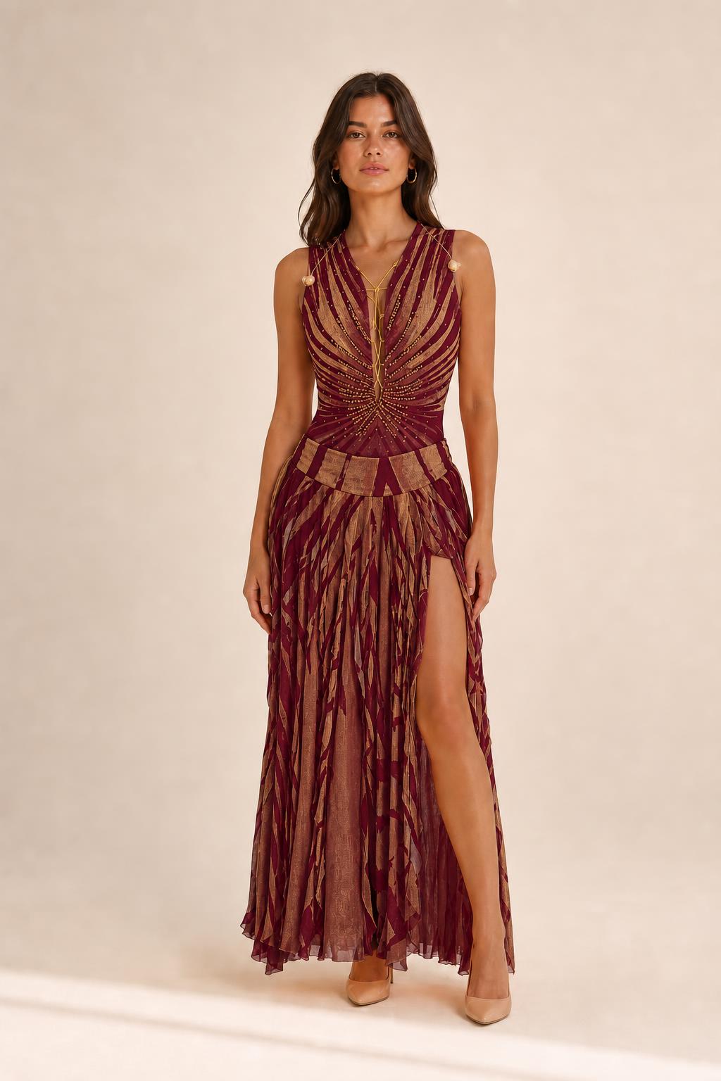 Front view of burgundy beaded v-neck maxi dress