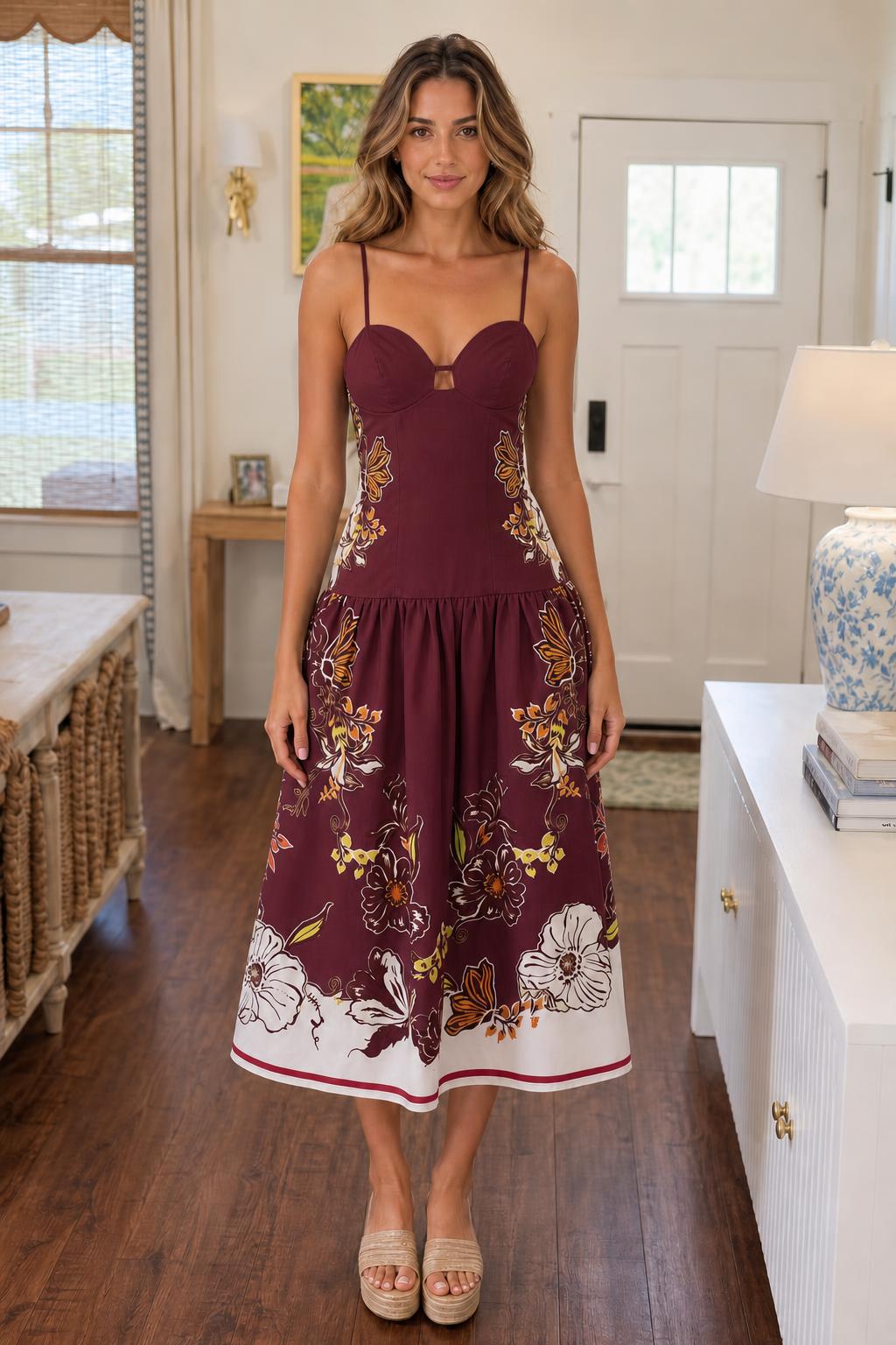 Floral Print Bustier Midi Dress in Burgundy