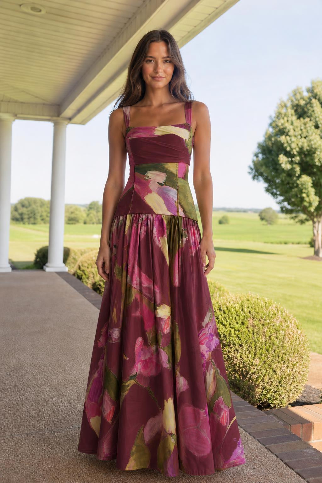 Front view of model wearing burgundy floral print maxi dress
